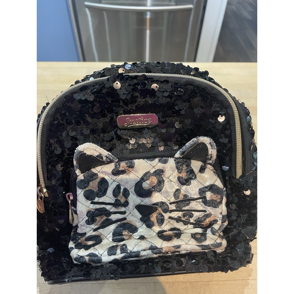 Fur Cat Face Purse Backpack Bag Satchel Girls Justice-Kitty Leopard Sequined